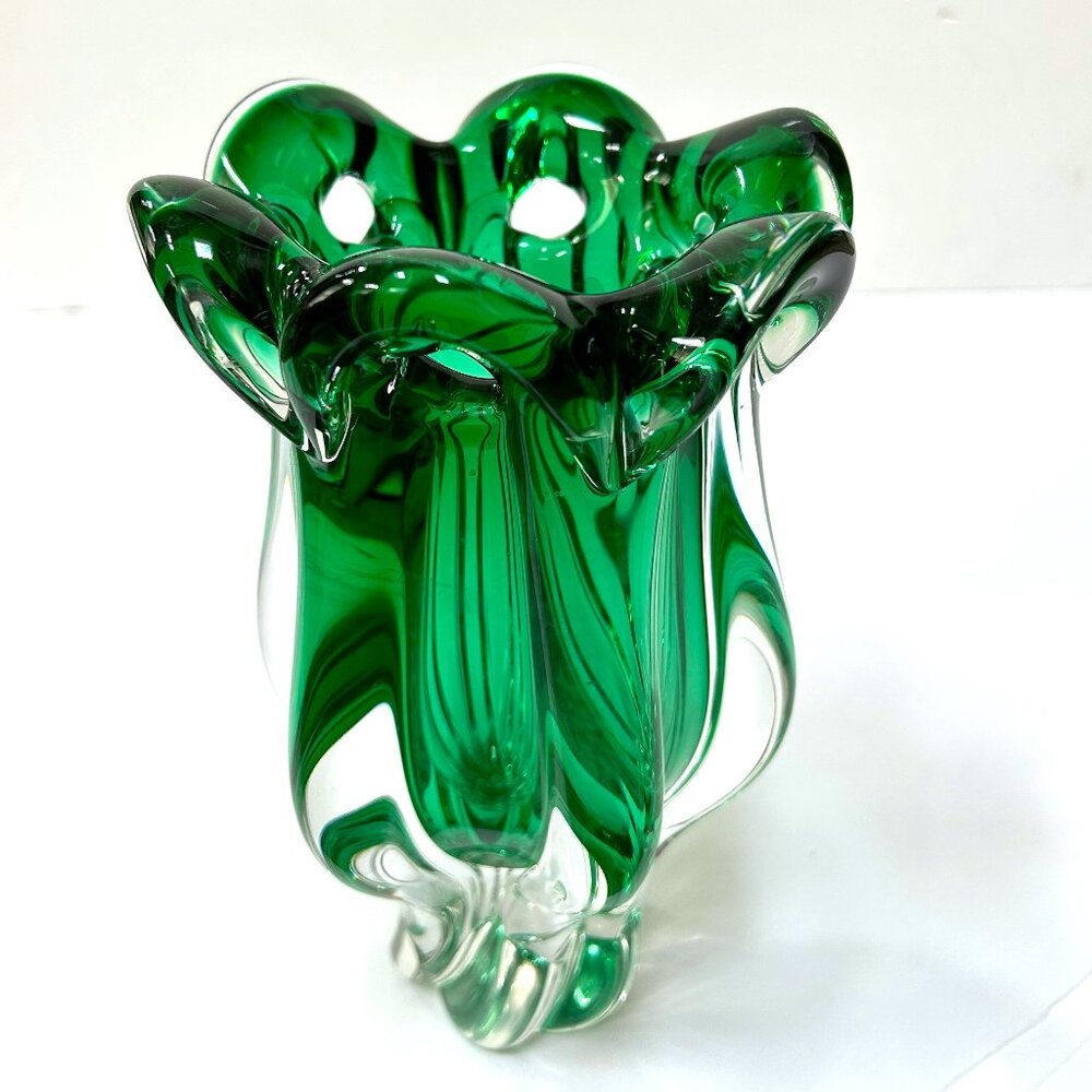 Exbor Czech Republic Bohemian Art Glass Green Heavy Pierced Rim Vase